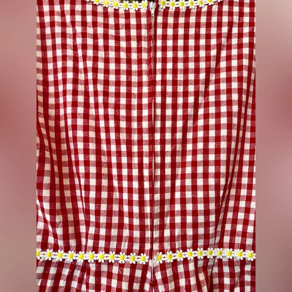 Romper Unique Vintage Shorts Red White Gingham Check Daisy Trim Size L10-12 - Picture 6 of 7